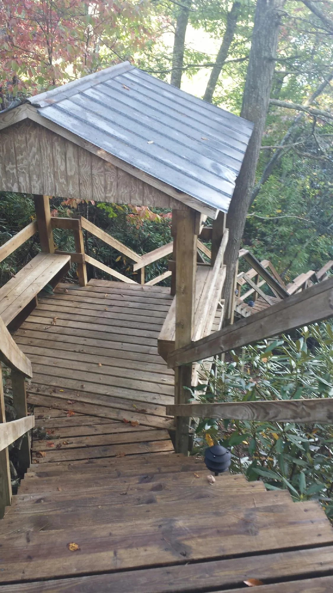 Metal roofed shelter over wooden steps on a wooded walkway — Skylight Repair & Installation work by our crew in Milmay